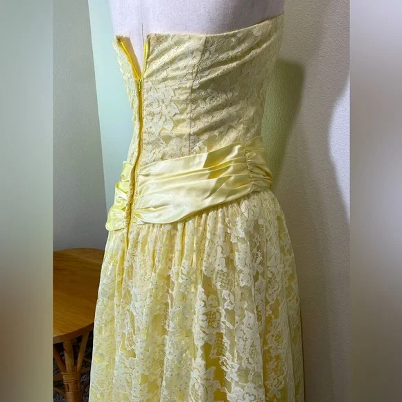80’s ZUM ZUM Vtg Yellow Lace Frilly Satin Sequins Sash Prom Gown Wedding Dress - Picture 6 of 17